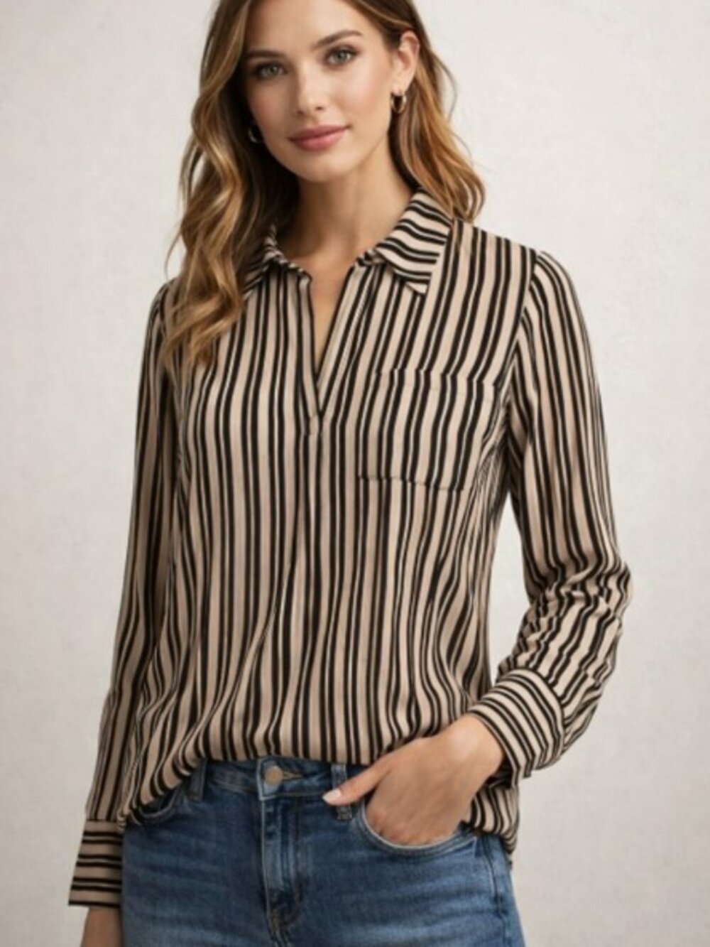 Pleione Women's Blouse Size Small Long Sleeves Striped Collar Pullover Office